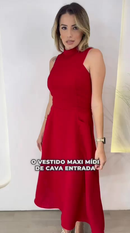 Vestido Feminino Midi Elegante Gola alta Ziper nas Costas Linho Misto