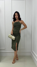 0026 - Vestido de Festa Midi Com pregas Drapeado Tomara que caia Slim - Noiva Civil / Casamento / Elegante / Jantar