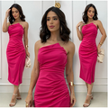 0026 - Vestido de Festa Midi Com pregas Drapeado Tomara que caia Slim - Noiva Civil / Casamento / Elegante / Jantar