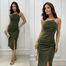 0026 - Vestido de Festa Midi Com pregas Drapeado Tomara que caia Slim - Noiva Civil / Casamento / Elegante / Jantar