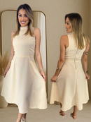 Vestido Feminino Midi Elegante Gola alta Ziper nas Costas Linho Misto