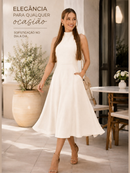 Vestido Feminino Midi Elegante Gola alta Ziper nas Costas Linho Misto