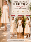 Vestido Feminino Midi Elegante Gola alta Ziper nas Costas Linho Misto