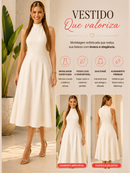 Vestido Feminino Midi Elegante Gola alta Ziper nas Costas Linho Misto