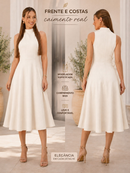 Vestido Feminino Midi Elegante Gola alta Ziper nas Costas Linho Misto
