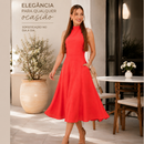 Vestido Feminino Midi Elegante Gola alta Ziper nas Costas Linho Misto