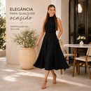 Vestido Feminino Midi Elegante Gola alta Ziper nas Costas Linho Misto