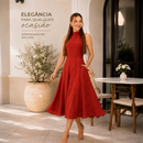 Vestido Feminino Midi Elegante Gola alta Ziper nas Costas Linho Misto