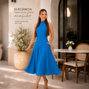 Vestido Feminino Midi Elegante Gola alta Ziper nas Costas Linho Misto