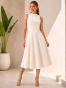 Vestido Feminino Midi Elegante Gola alta Ziper nas Costas Linho Misto