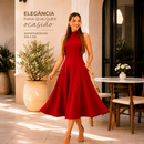 Vestido Feminino Midi Elegante Gola alta Ziper nas Costas Linho Misto