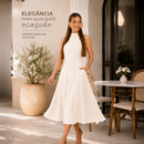 Vestido Feminino Midi Elegante Gola alta Ziper nas Costas Linho Misto